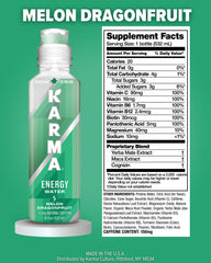 Karma Energy Drink Melon Dragonfruit bottle side profile in sleek packaging