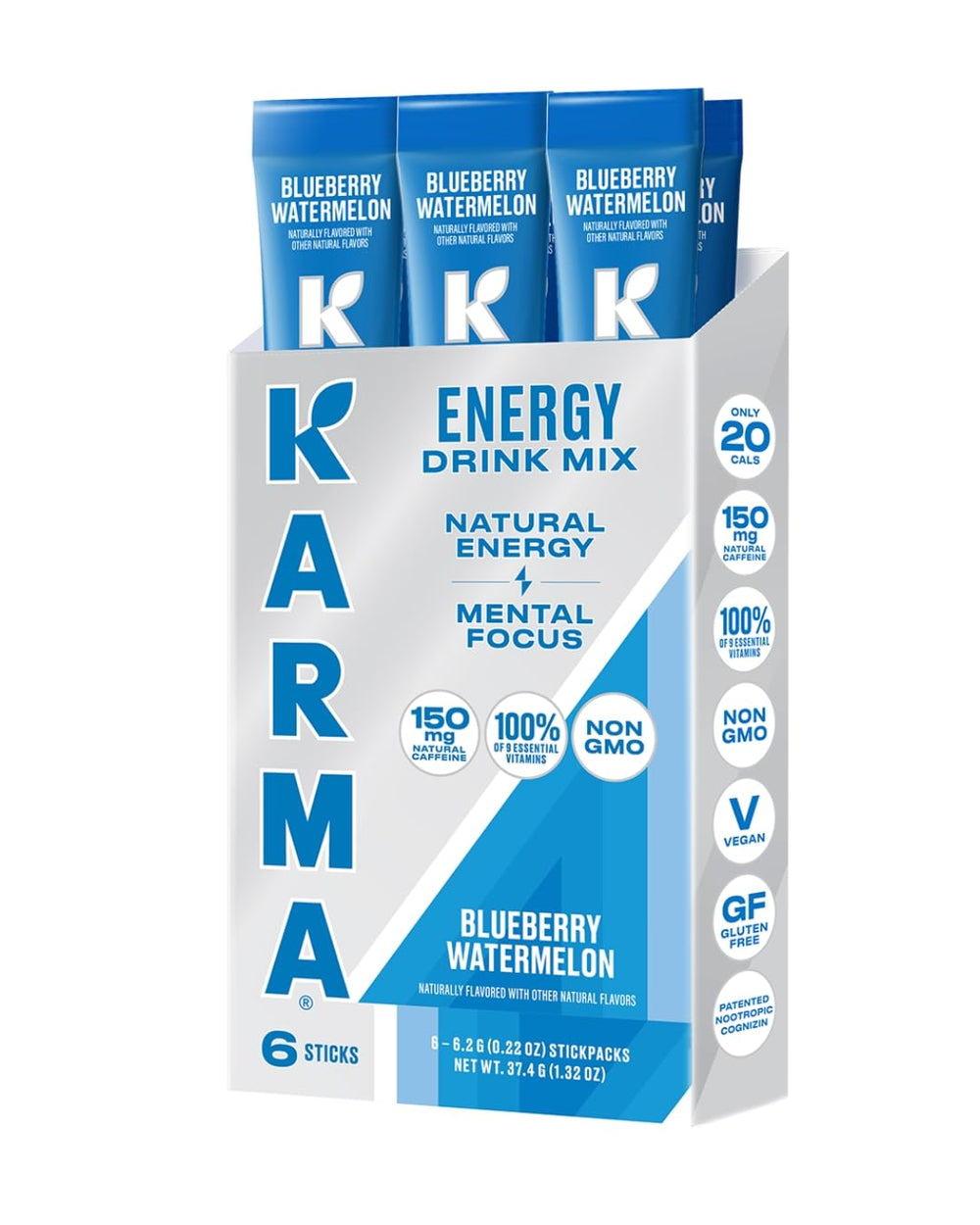 Karma Energy Hydration Packets blueberry-watermelon powder ready to mix for a refreshing sip.