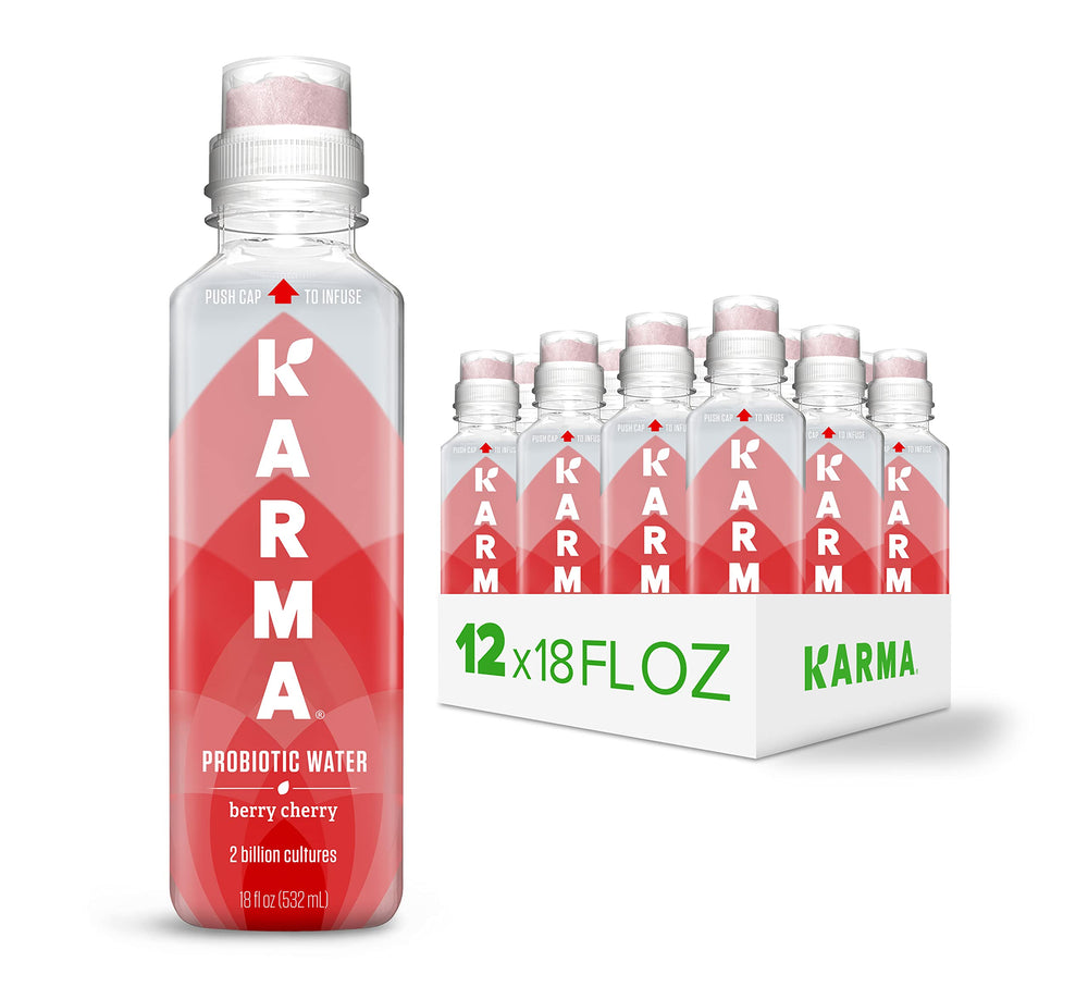 Karma Probiotic Water Berry Cherry bottle front, refreshing gut-friendly beverage