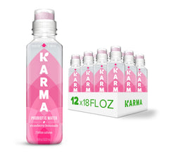 Karma Probiotic Water strawberry-lemonade bottle front supports daily gut balance and hydration.