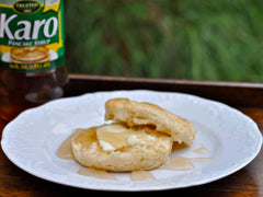 KARO pancake syrup bottle-front highlighting the golden thick syrup.