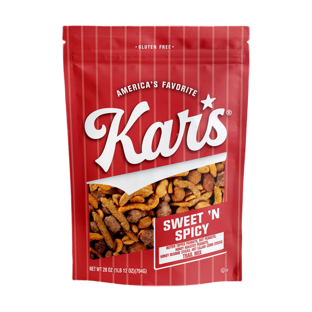 Kar's Sweet N Spicy Trail Mix in resealable pouch keeps snacks fresh anywhere