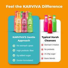 Karviva juice cleanse bottle peach-mango highlights tropical aroma and digestion-friendly ingredients.
