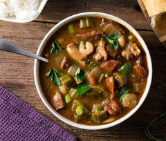 Kary's Gumbo served bowl ready to enjoy comforting Cajun cuisine.