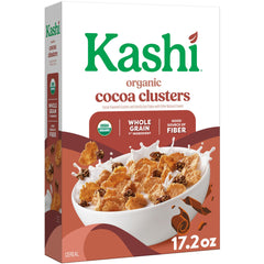 Kashi Cocoa Clusters cereal box on counter; organic whole grains for a balanced breakfast