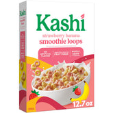 Kashi Strawberry Banana Smoothie Loops cereal box shown, ideal for quick breakfasts