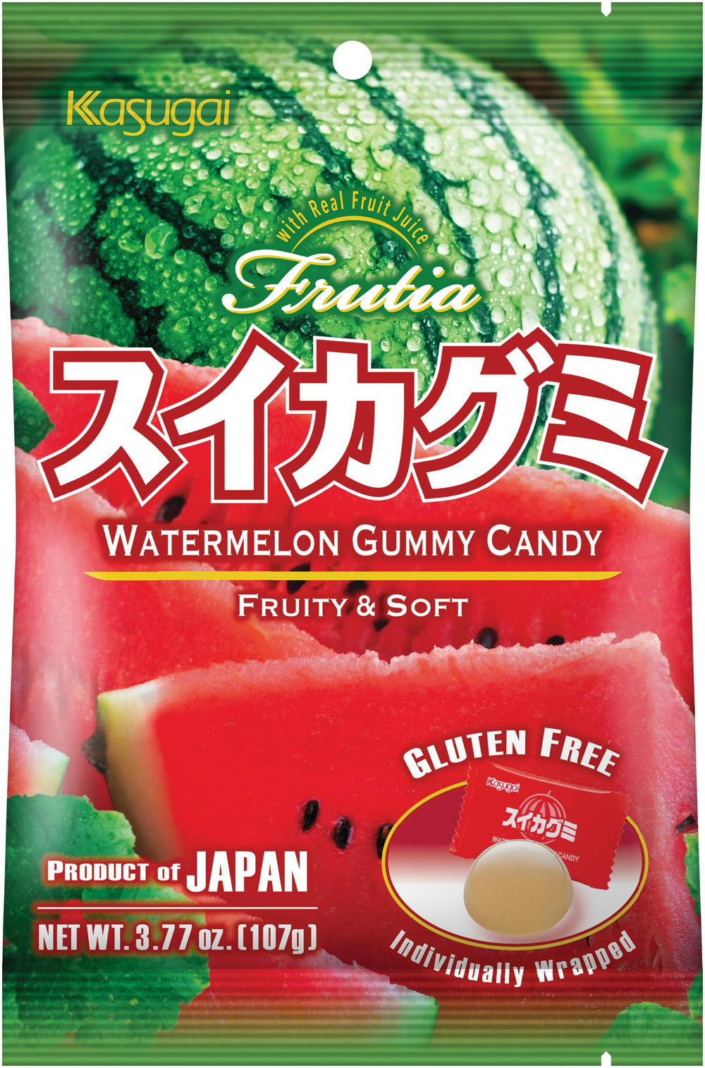 Kasugai Watermelon gummy 107g pack with juicy texture for a fruity snack
