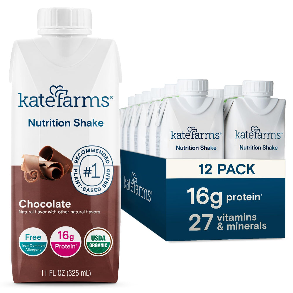 Kate Farms Organic Nutrition Shake chocolate being poured for a quick meal replacement.