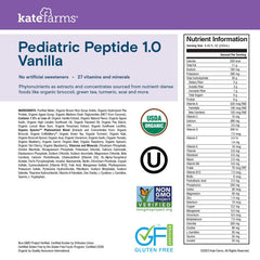 Kate Farms Vanilla label closeup highlighting organic peptide-based nutrition for kids