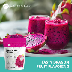 Kate Naturals Dragon Fruit Powder smoothie setup highlights vibrant pink hue addition.