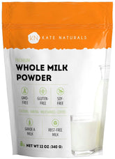 Kate Naturals dry whole milk powder bottle showing convenient, shelf-stable milk for cooking and drinks