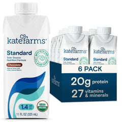 Kate Farms Organic 1.4 Chocolate Shake pouring, high-calorie plant-based nutrition for busy days.
