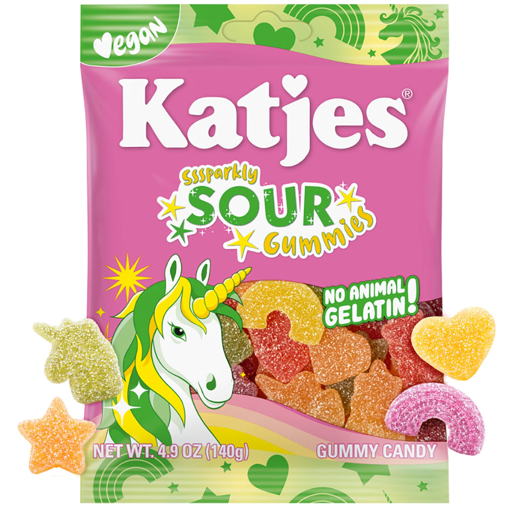 Katjes Vegan Sour Gummies in rainbow shapes, a party-ready tangy-sweet snack.