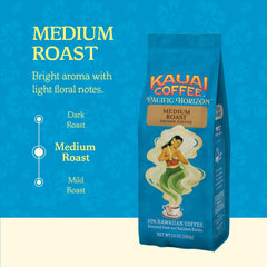 Kauai Coffee Ground bag on kitchen counter, fresh grounds ready.