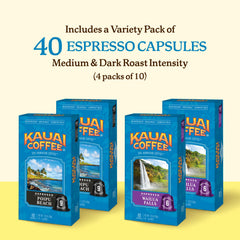 Kauai Coffee Hawaiian Arabica 10% blend pod highlighting island-grown beans.