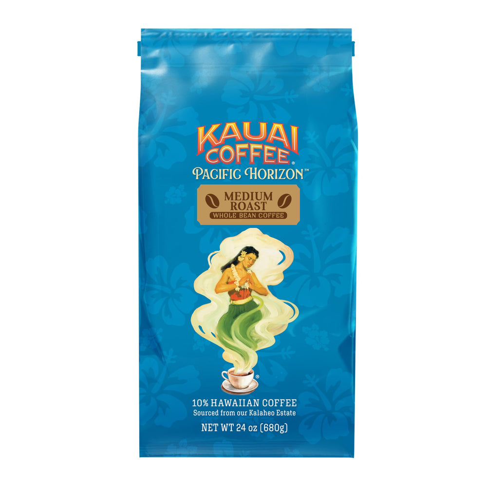 Kauai Coffee Koloa Estate Medium Roast bag front, showcasing freshness and branding.