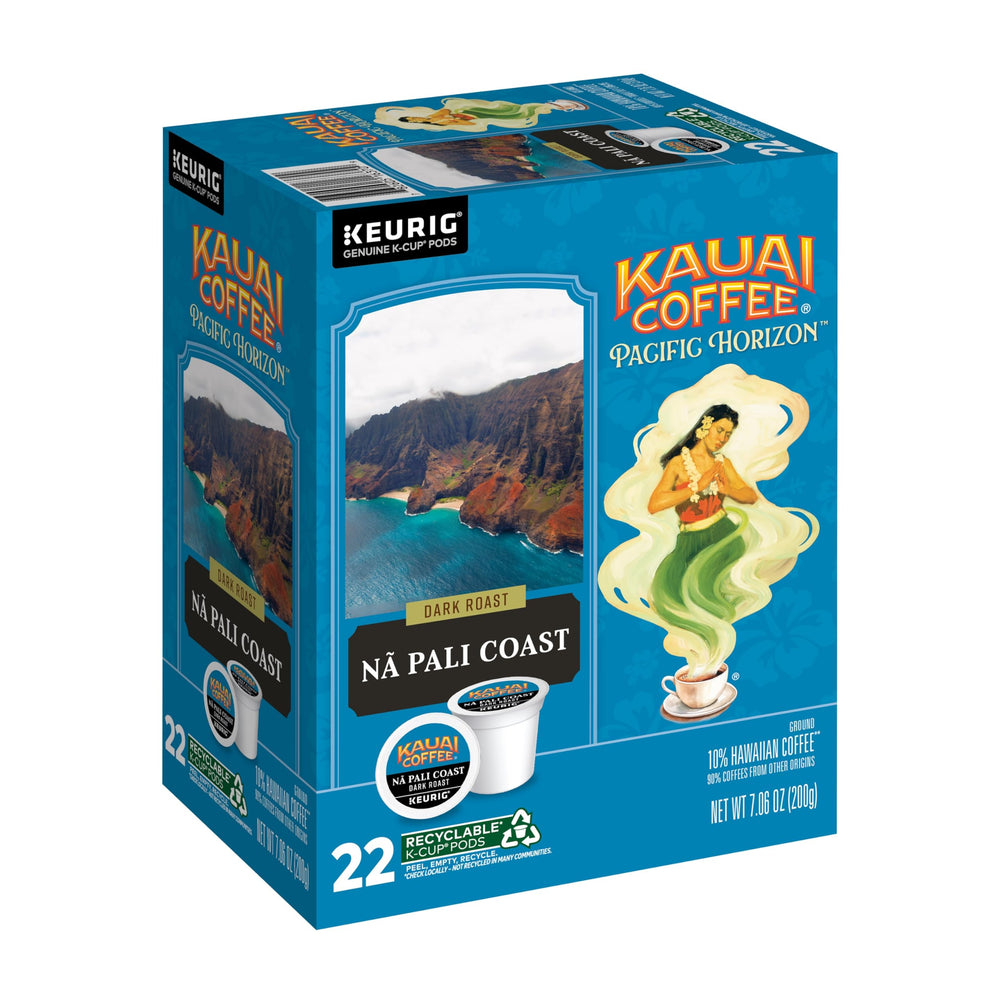 Kauai Coffee Na Pali Coast Dark Roast K-Cup pod with a rich aroma for a smooth morning brew.