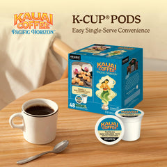 Packaging of Kauai Coffee Vanilla Macadamia Nut K-Cups, ready for home use.