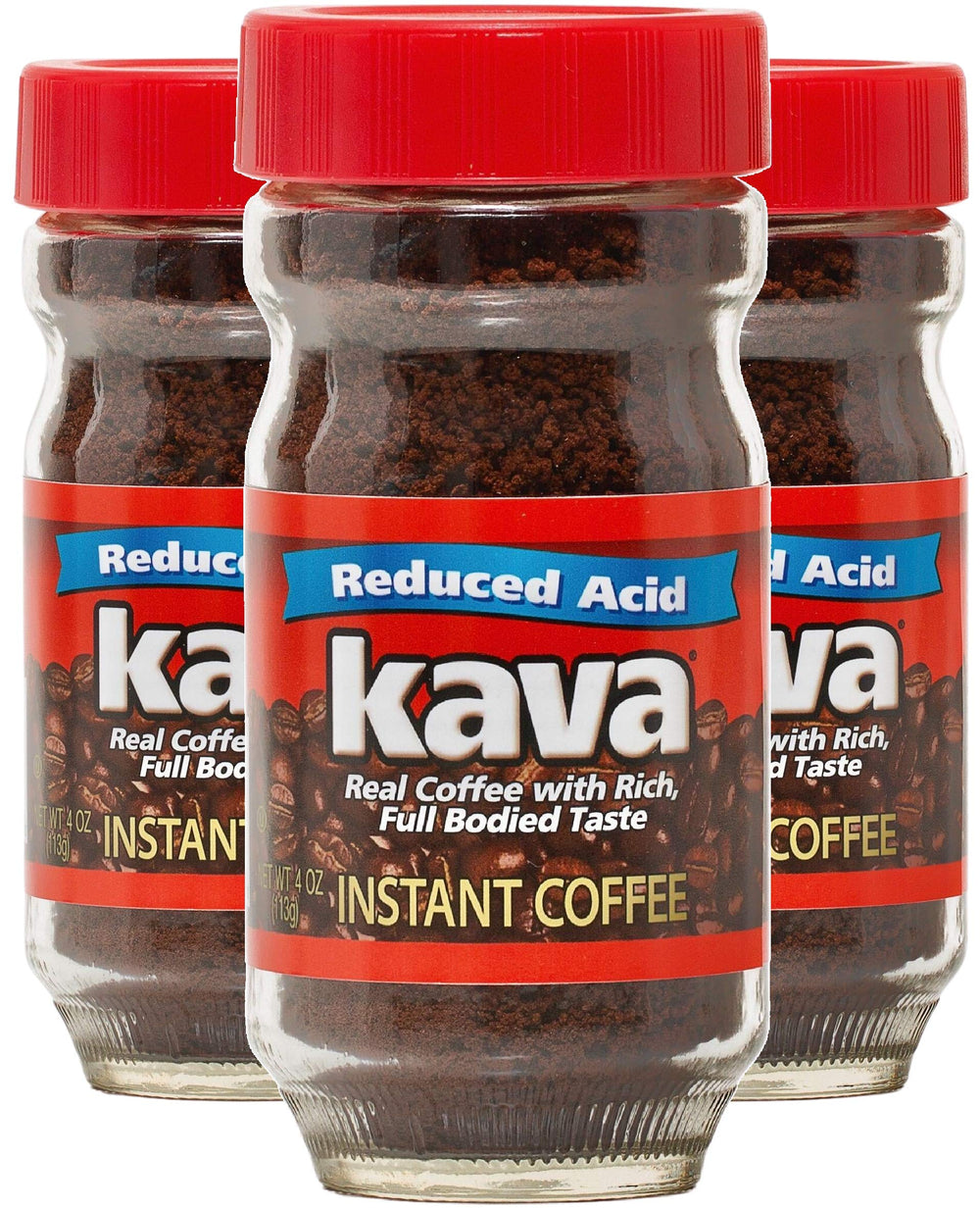 Kava low-acid instant coffee pack of 3 jars in closeup, highlighting convenient value.
