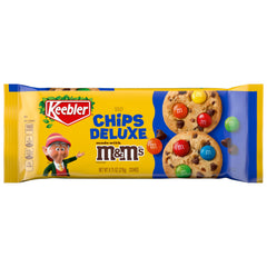 Keebler Chips Deluxe Rainbow with M&M's cookie package on a kitchen counter, great for family snacking.
