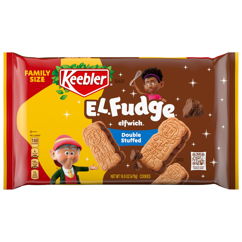 Keebler E.L. Fudge Elfwich cookies in family-size pack for sharing.