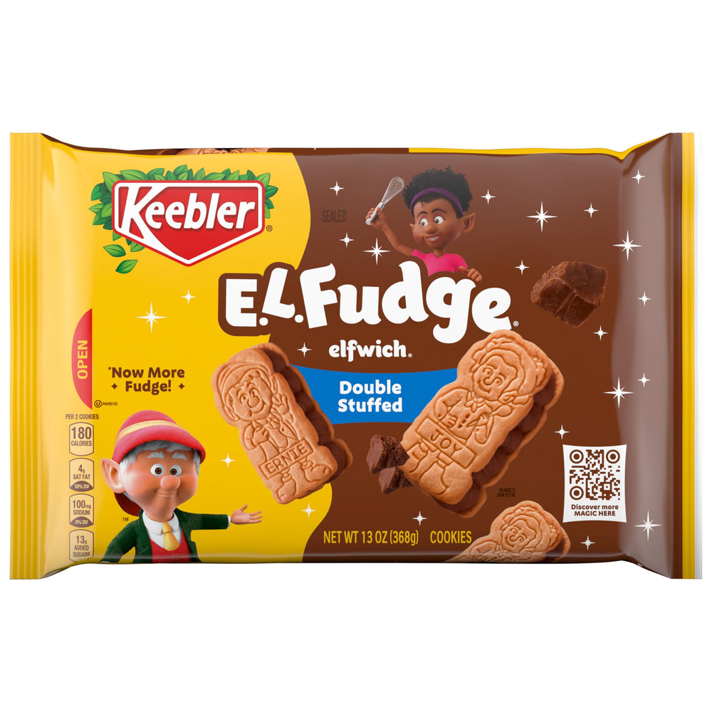 Keebler E.L. Fudge Elfwich cookies packaging shown, ideal shareable snack for on-the-go moments.