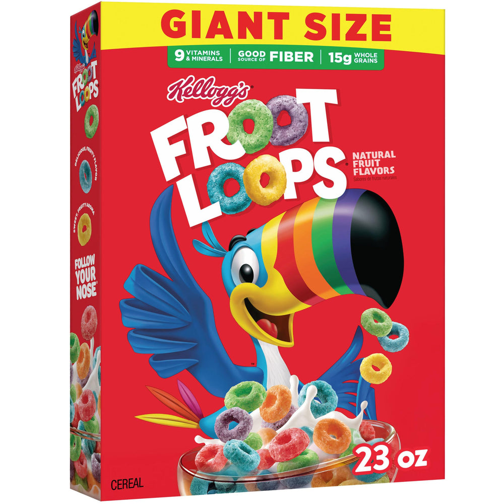 Kellogg's Froot Loops bowl with milk showing fruity flavor and fiber-rich start