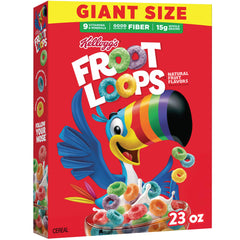 Kellogg's Froot Loops bowl with milk showing fruity flavor and fiber-rich start