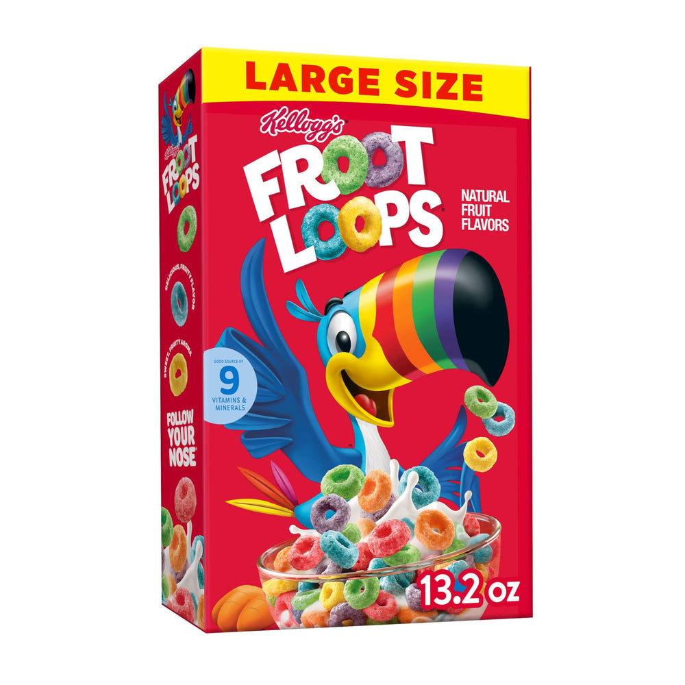 Kellogg's Froot Loops box front with colorful loops for quick, joyful breakfast.