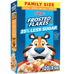 Kellogg's Frosted Flakes 25% Less Sugar cereal in a bowl for a quick breakfast.