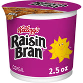 Kellogg's Raisin Bran cup close-up, fiber-rich breakfast option.