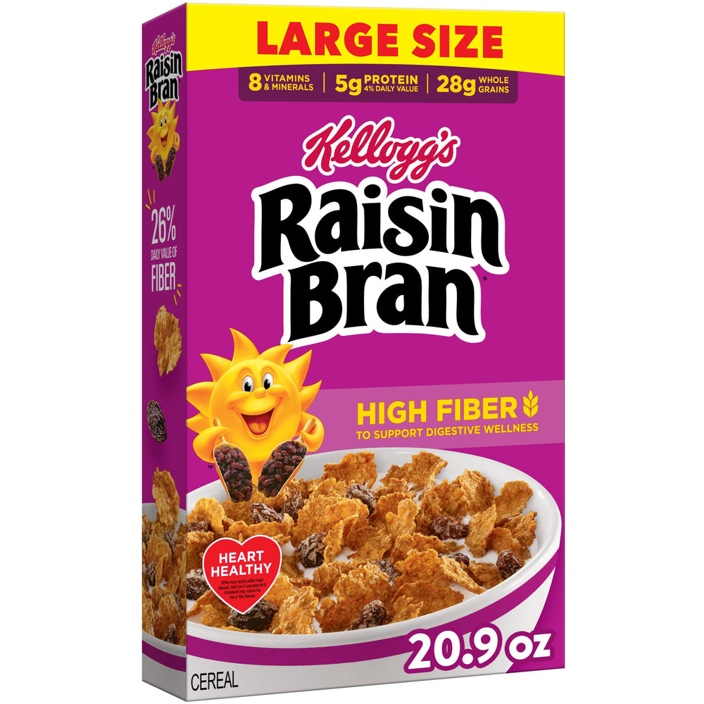 Kellogg's Raisin Bran bowl with raisins and flakes for a high-fiber start