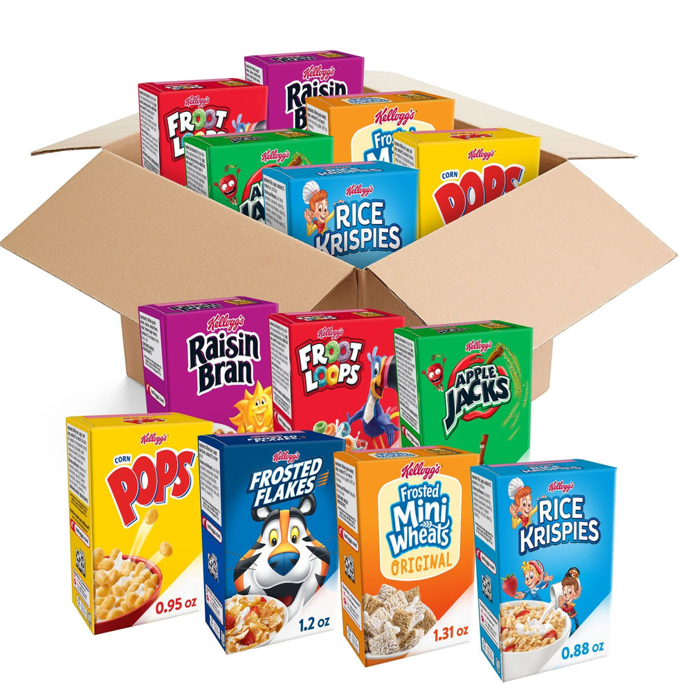 Kellogg's variety-pack 48 boxes on a store shelf for quick breakfasts