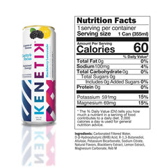 Kenetik caffeine-free focus drink can side label highlights sugar-free, stimulant-free formula