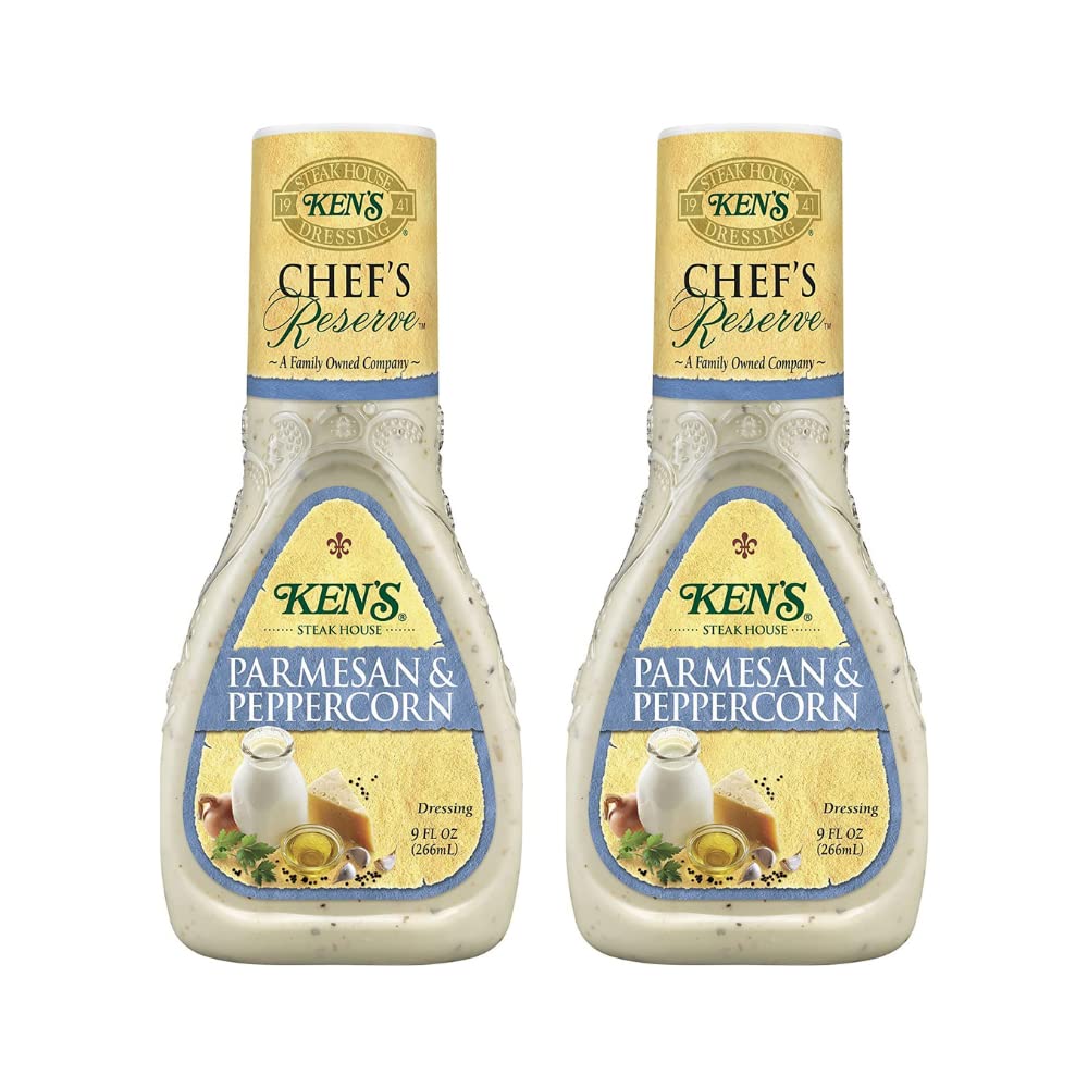 Ken's Steak House Chef's Reserve Parmesan Peppercorn dressing bottle ready to pour on greens