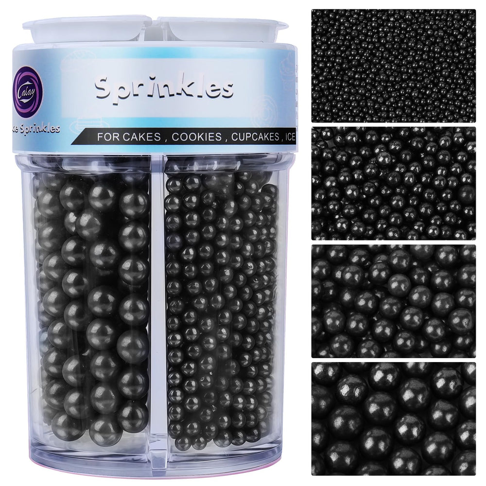 Kercky Black Pearl sprinkles bottle close-up for dramatic cake decoration