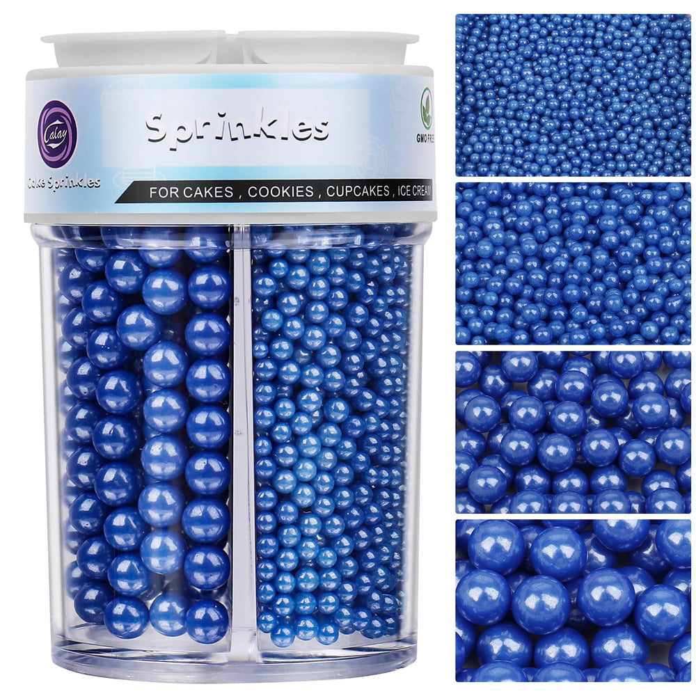Kercky blue pearl sprinkles in four-size bottle for precise cake decorating.