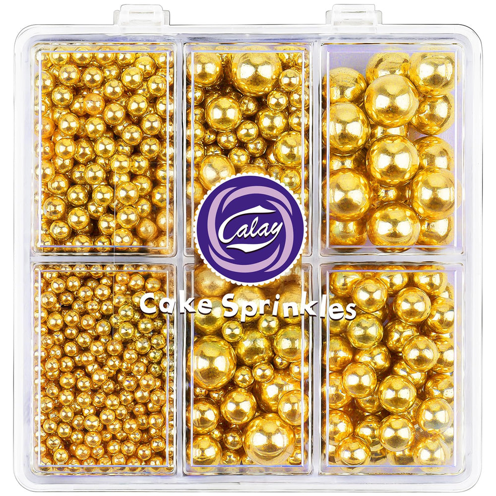 Kercky gold pearl sprinkles in four sizes for cake decorating and cookies.