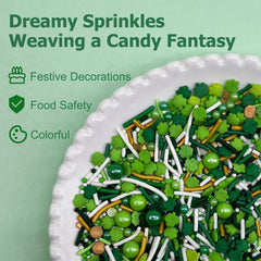 Kercky green sprinkles shamrock close-up for festive desserts