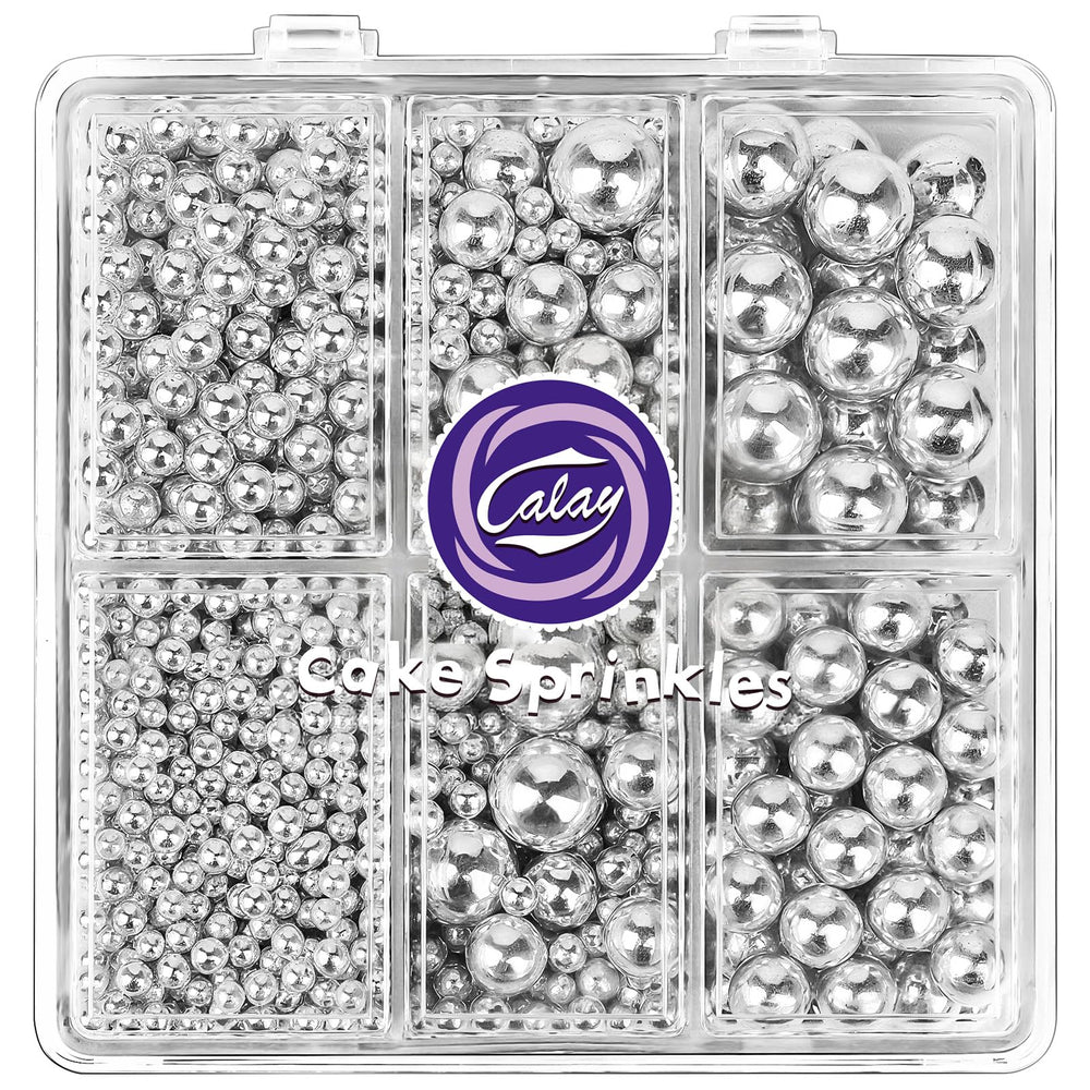 Kercky silver pearl sprinkles set in four sizes for elegant cake decorating.