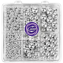 Kercky silver pearl sprinkles set in four sizes for elegant cake decorating.