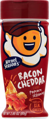 Kernel Season's Bacon Cheddar popcorn seasoning tub adds rich bacon and cheddar flavor to snacks.