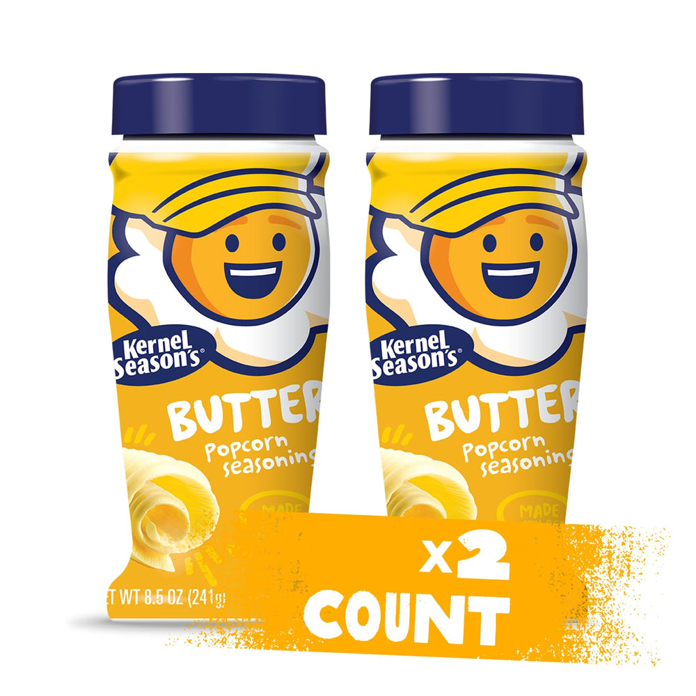 Kernel Season's Butter popcorn seasoning two-pack on display, ideal for home movie nights