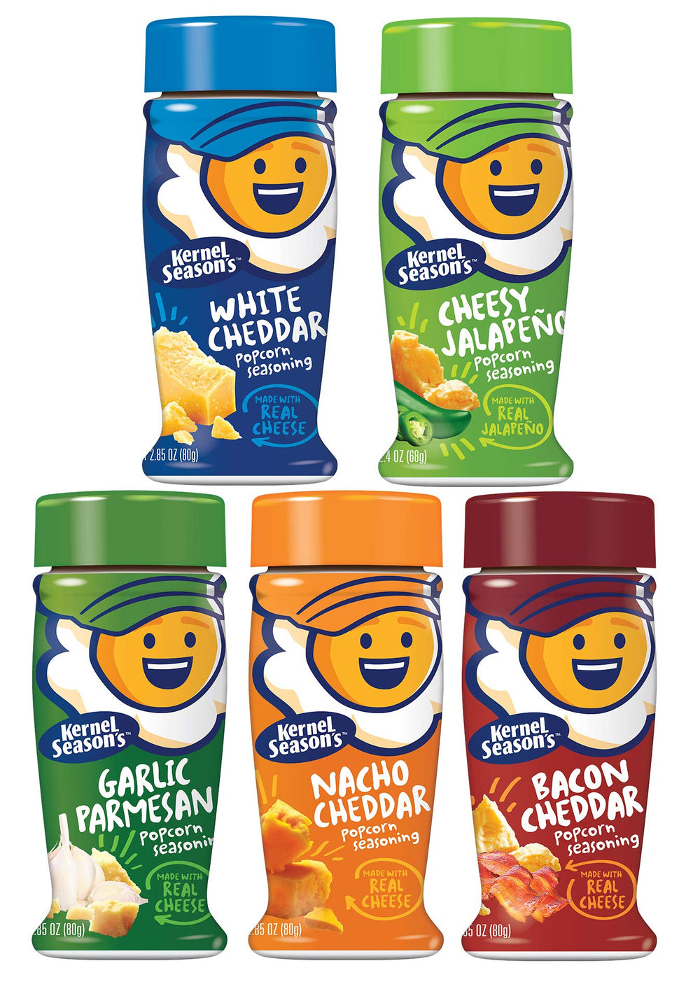 Kernel Season's Cheese Lovers set bottles shown together, ready to elevate popcorn with five bold flavors.
