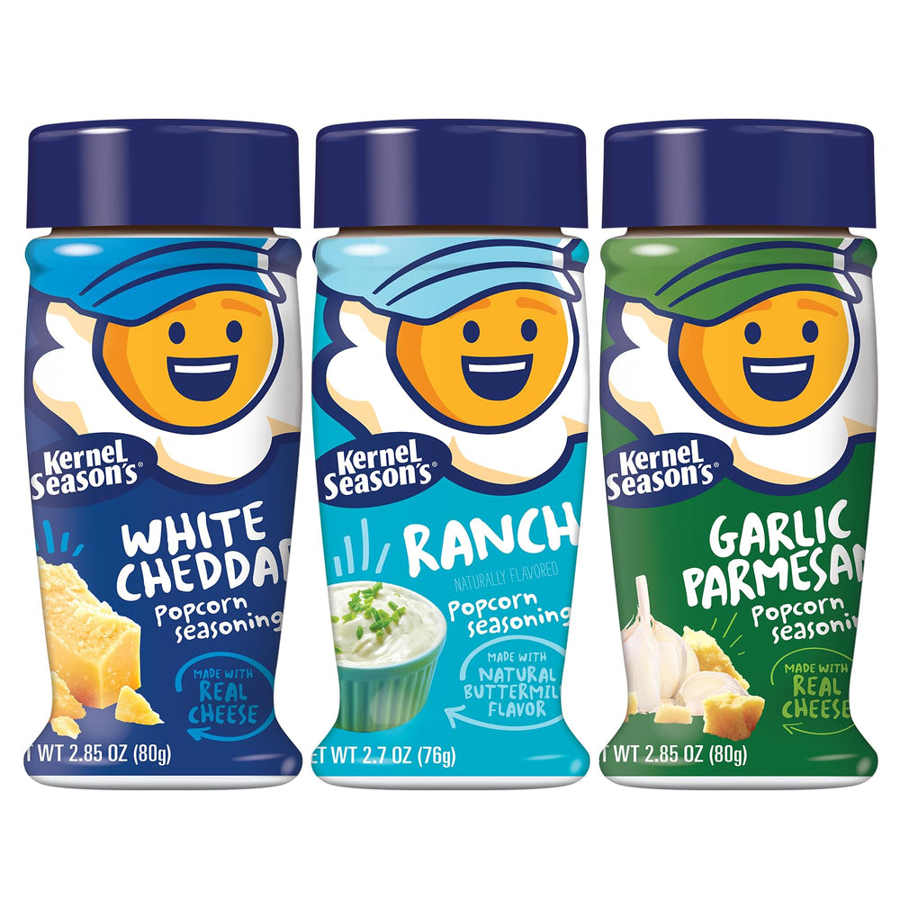 Kernel Season's White Cheddar popcorn seasoning jar adds bold flavor to popcorn.
