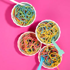 Kervan Bebeto Rainbow Laces knotting ideas for edible string art and treats.