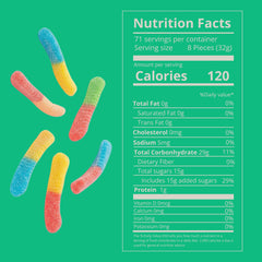 Kervan Bebeto neon worm gummies closeup showing bright colors and soft chew.