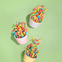 Kervan Bebeto neon worm gummies offer a soft, chewy bite for snacking.