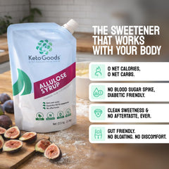 Keto Goods Allulose syrup caramelizes for sauces and glazes in keto cooking.