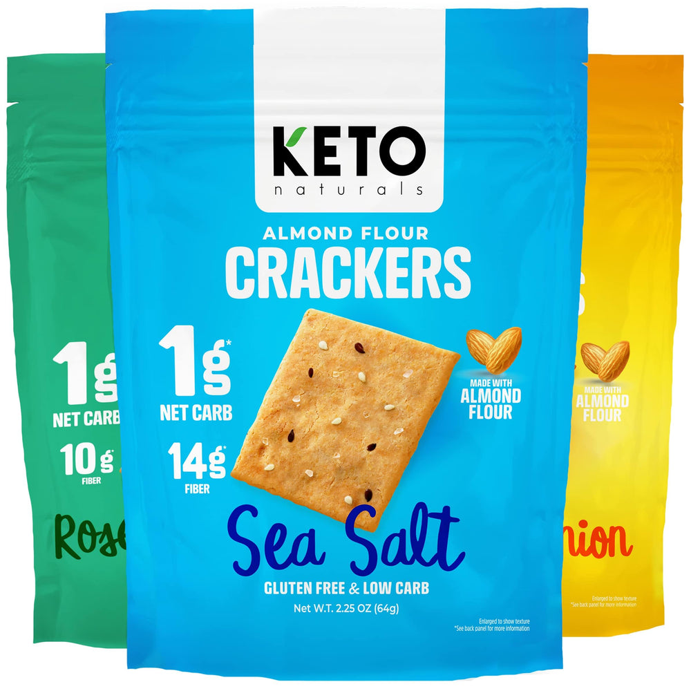 Keto Naturals Keto Crackers sea salt crackers highlighting low-carb snacking.